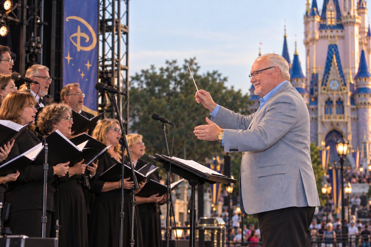 Derric Johnson conducting a choir in front of Cinderella Castle at Walt Disney World