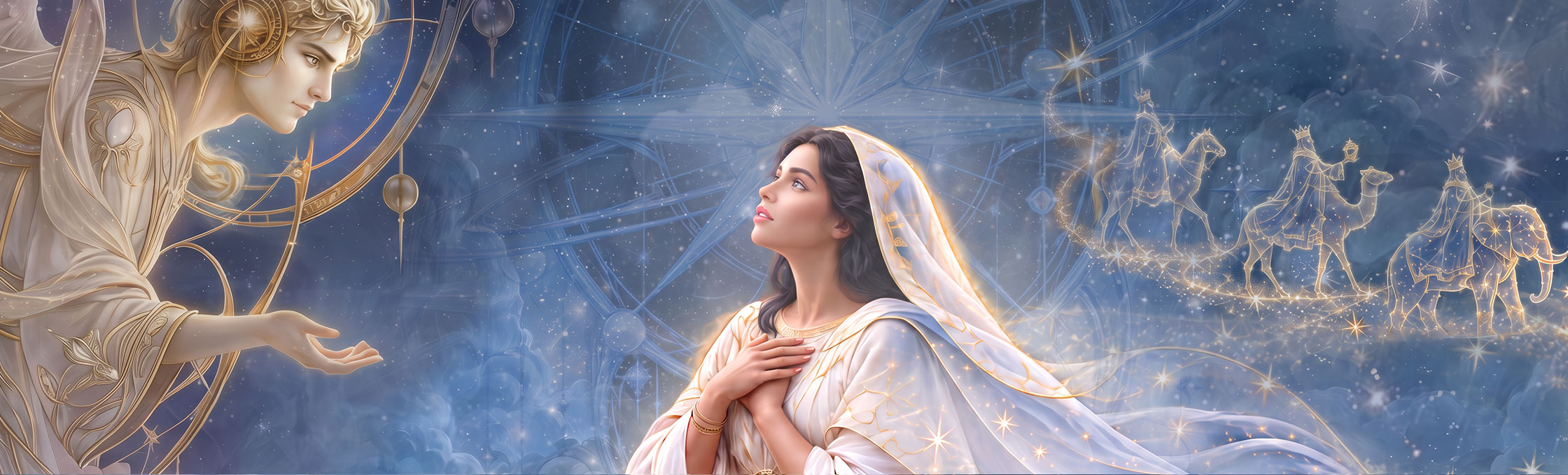 The angel appears to Mary beneath the stars, with the Magi riding across the night sky